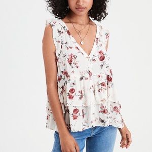 AEO Cream Button Up Ruffle Top